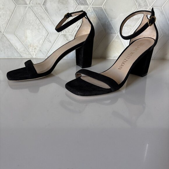 Stuart Weitzman Size 7B Block Heel Sandal Black Suede with Straps Nudistcurve - Picture 3 of 9